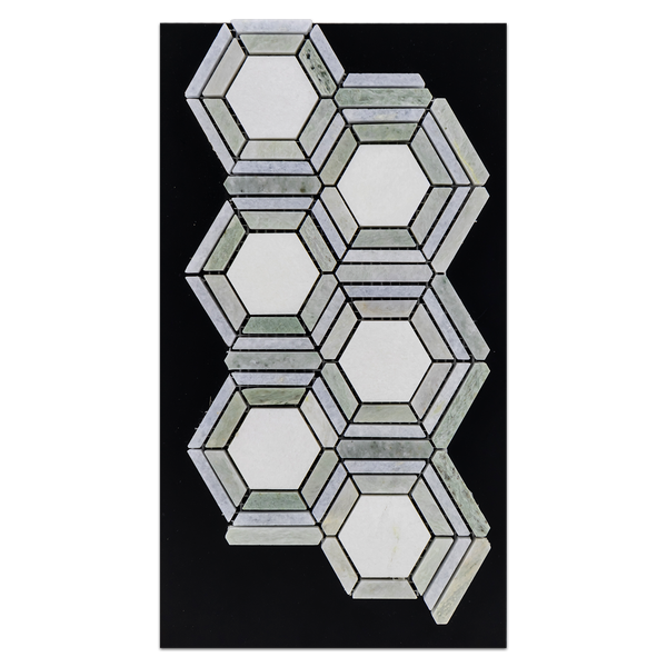 CC85 - White Thassos Kaleidoscope with Blue Celeste and Ming Green Mosaic Polished Card - Elon Tile