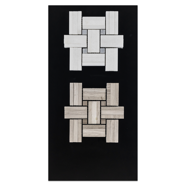 CC90 - White Thassos Tri-Weave with Blue Celeste Dot Mosaic Polished and Beachwood Tri-Weave with Driftwood Dot Mosaic Honed Card - Elon Tile