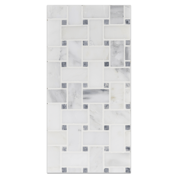 Mini Board Collection - MB128 - Pearl White Basketweave with 3/8" Pacific Gray Dot Polished Board - Elon Tile