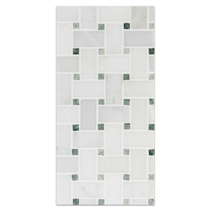 Mini Board Collection - MB129 - Pearl White Basketweave with 3/8" Ming Green Dot Mosaic Polished - Elon Tile