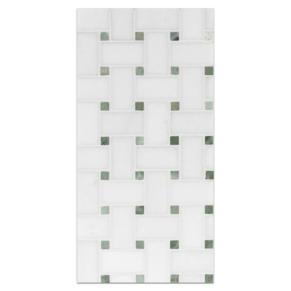 Mini Board Collection - MB141 - White Thassos Basketweave with 3/8" Ming Green Dot Mosaic Polished - Elon Tile