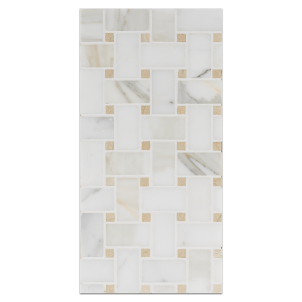 Mini Board Collection - MB220 - Calacatta Basketweave with 3/8" Crema Marfil Dot Honed Board - Elon Tile