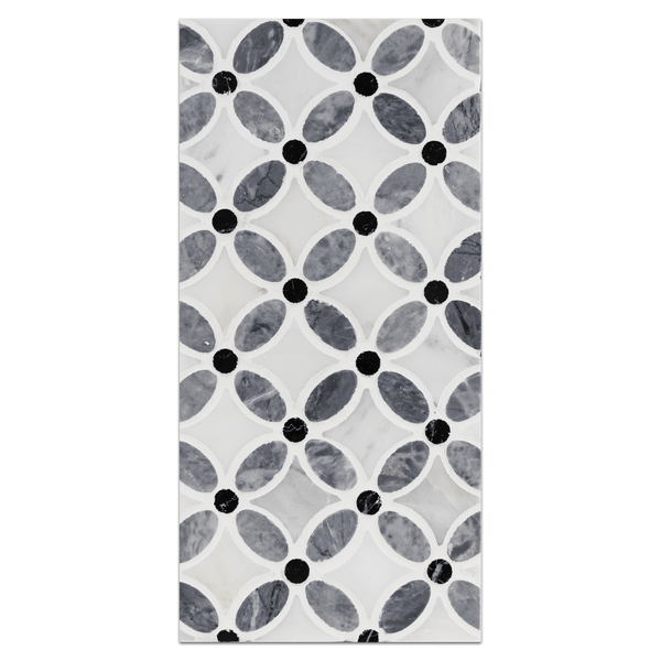 Mini Board Collection - MB254 - Pacific Gray with pearl White and Black Dot Fleur Mosaic Polished Board - Elon Tile