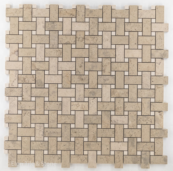 Ville Sur Mer Basketweave with 5/8" Chateau De Sable Dot Mosaic Honed