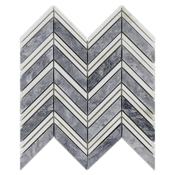 Pacific Gray Chevron with White Thassos Strips Mosaic Polished (0.87 sf) - Elon Tile