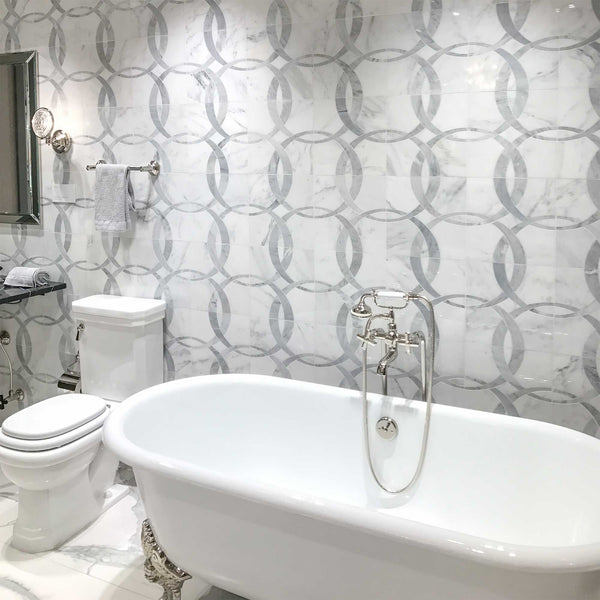 Pearl White Ribbon with Mystic Gray Waterjet Polished - Elon Tile