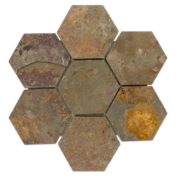**LIMITED STOCK** Lotus Multicolor Slate 5" Hexagon Mosaic Cleft - Elon Tile