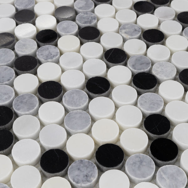 Pearl White 1" Rounds Tri-Blend (Pearl White/Pacific Gray/Black) Mosaic Polished - Elon Tile
