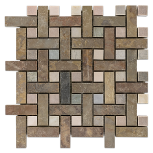 Lotus Multicolor Slate Basketweave with Golden Sand Dot Honed Mosaic (1 sf) - Elon Tile