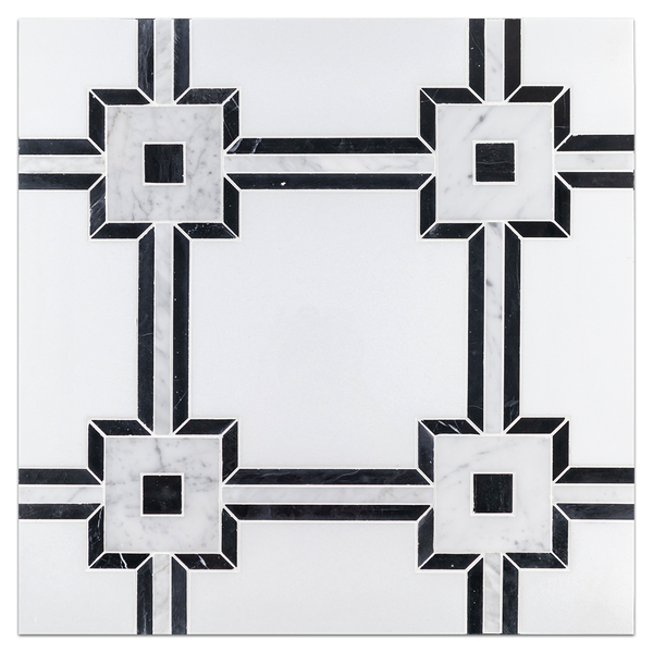 Waterjet Board Collection - WJB114- Waterjet Crystal White/Bianco Carrara/Black Sintra Polished Board - Elon Tile