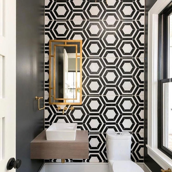 White Absolute Honeycomb with Black Marble Mosaic Honed