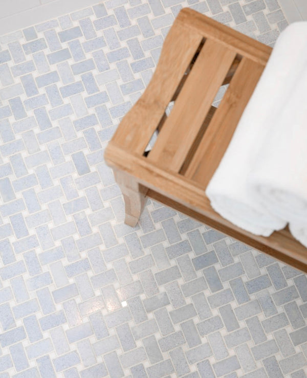 Blue Celeste Basketweave with 3/8" White Thassos Dot Mosaic Polished