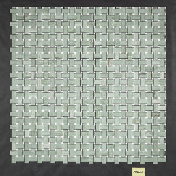 Emerald Green Basketweave with 3/8" White Thassos Dot Mosaic Honed