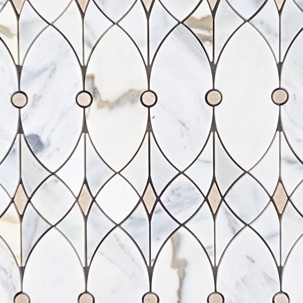 Calacatta Gold Celine with Crema Marfil Waterjet Mosaic Honed