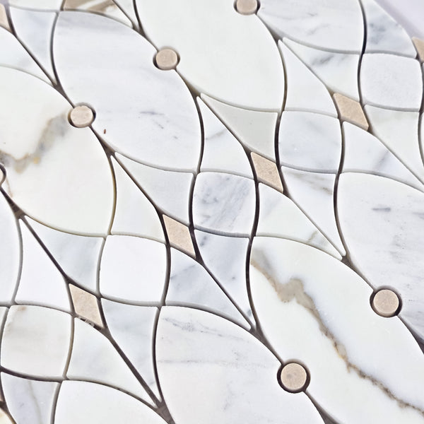 Calacatta Gold Celine with Crema Marfil Waterjet Mosaic Honed