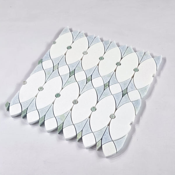 White Thassos Celine with Blue Celeste & Emerald Green Waterjet Mosaic Honed