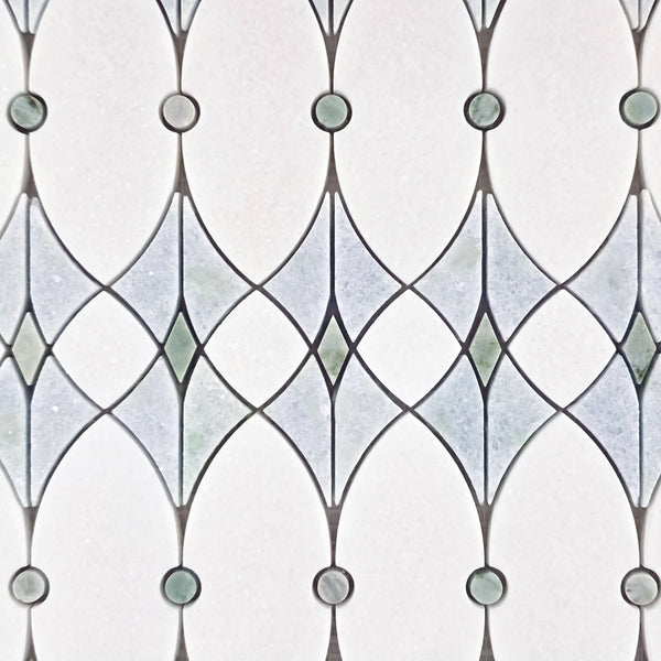 White Thassos Celine with Blue Celeste & Emerald Green Waterjet Mosaic Honed