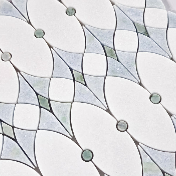 White Thassos Celine with Blue Celeste & Emerald Green Waterjet Mosaic Honed