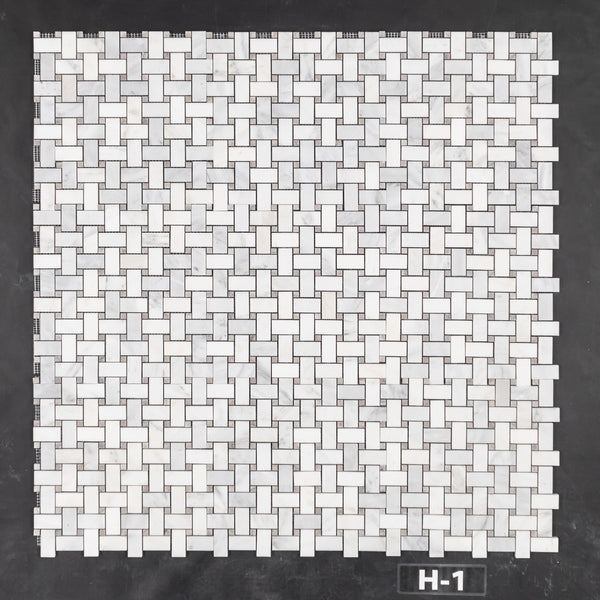 Pearl White Basketweave with 3/8" Temple Grey Dot Mosaic Honed