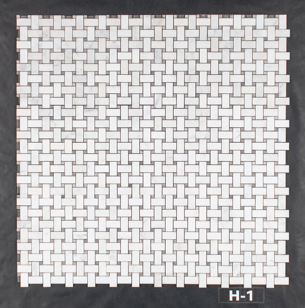 Pearl White Basketweave with 3/8" Temple Grey Dot Mosaic Honed