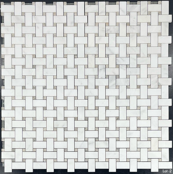 Pearl White Basketweave with 3/8" Temple Grey Dot Mosaic Honed