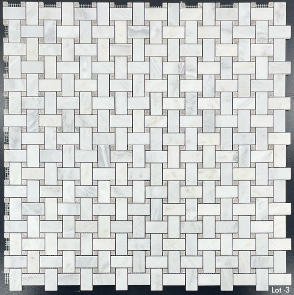 Pearl White Basketweave with 3/8" Temple Grey Dot Mosaic Honed