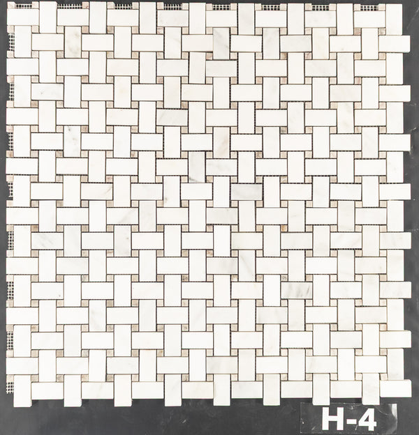 Pearl White Basketweave with 3/8" Temple Grey Dot Mosaic Honed