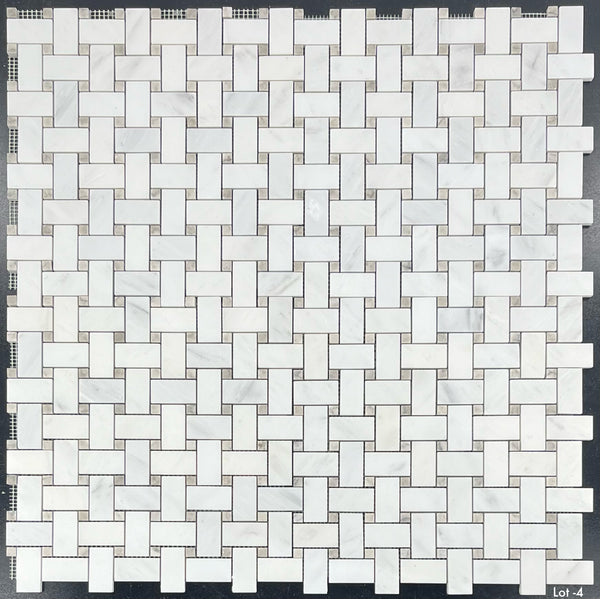 Pearl White Basketweave with 3/8" Temple Grey Dot Mosaic Honed