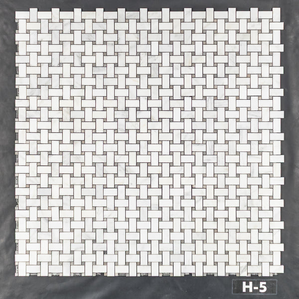 Pearl White Basketweave with 3/8" Temple Grey Dot Mosaic Honed