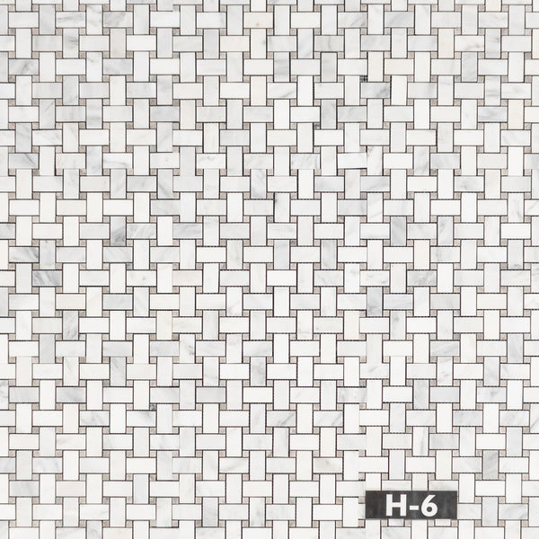 Pearl White Basketweave with 3/8" Temple Grey Dot Mosaic Honed