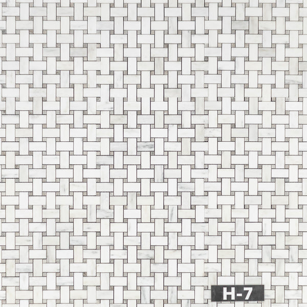 Pearl White Basketweave with 3/8" Temple Grey Dot Mosaic Honed
