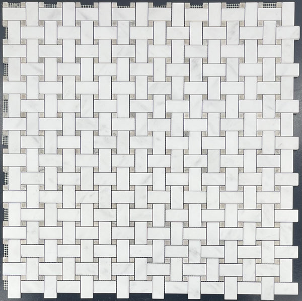 Pearl White Basketweave with 3/8" Temple Grey Dot Mosaic Honed