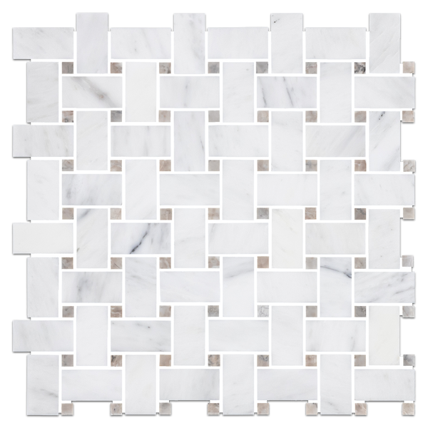 Pearl White Basketweave with 3/8" Temple Grey Dot Mosaic Honed