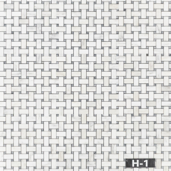 Pearl White Basketweave with 3/8" Pacific Gray Dot Mosaic Honed