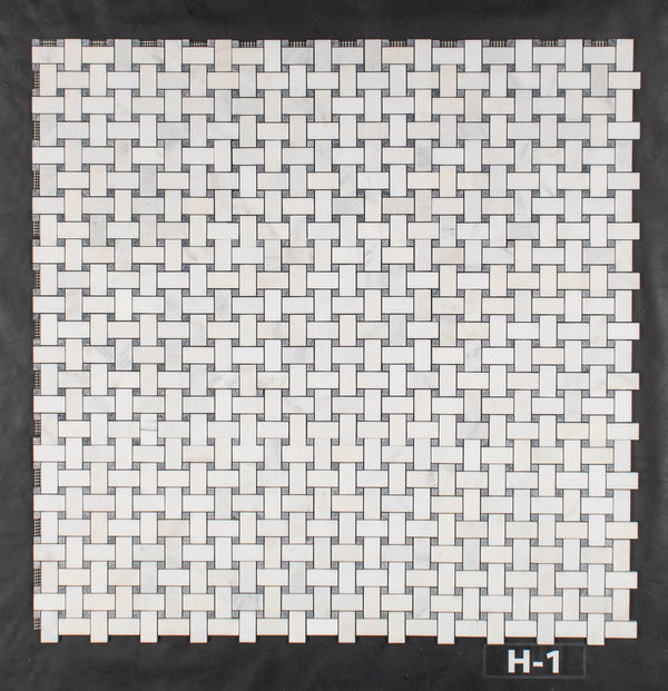 Pearl White Basketweave with 3/8" Pacific Gray Dot Mosaic Honed