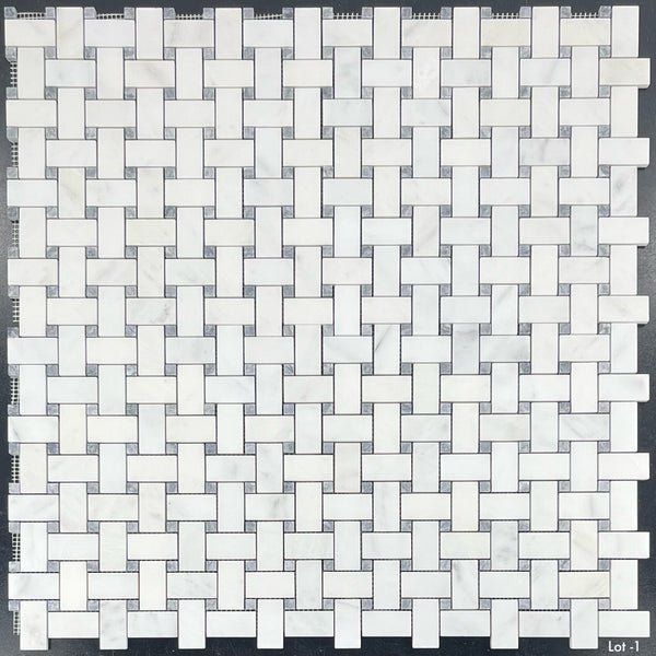 Pearl White Basketweave with 3/8" Pacific Gray Dot Mosaic Honed