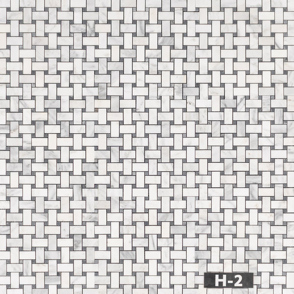 Pearl White Basketweave with 3/8" Pacific Gray Dot Mosaic Honed