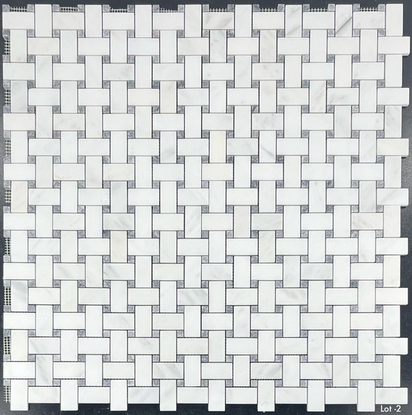 Pearl White Basketweave with 3/8" Pacific Gray Dot Mosaic Honed