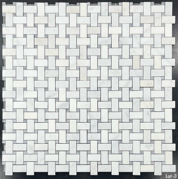 Pearl White Basketweave with 3/8" Pacific Gray Dot Mosaic Honed