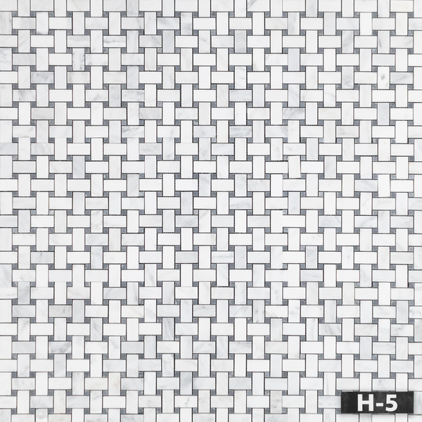 Pearl White Basketweave with 3/8" Pacific Gray Dot Mosaic Honed - Elon Tile & Stone
