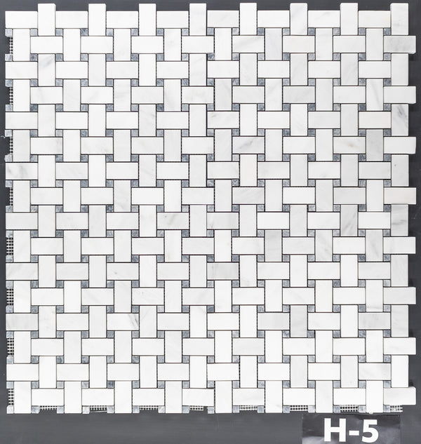 Pearl White Basketweave with 3/8" Pacific Gray Dot Mosaic Honed