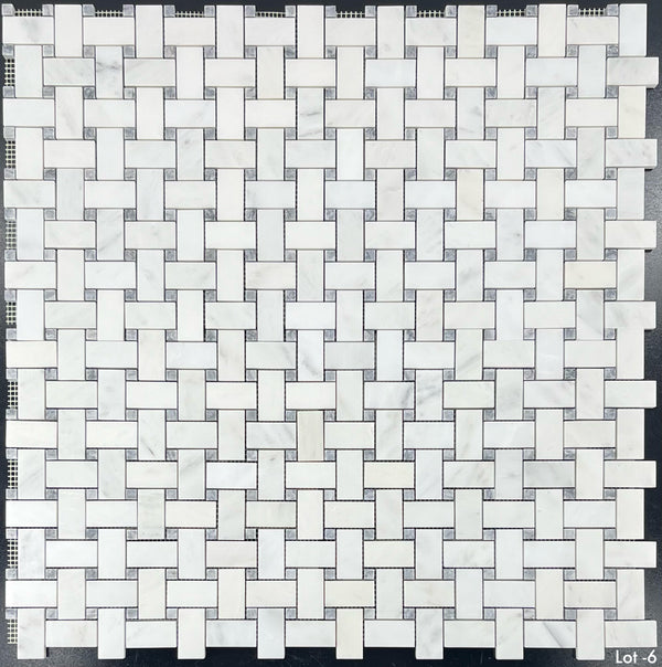 Pearl White Basketweave with 3/8" Pacific Gray Dot Mosaic Honed