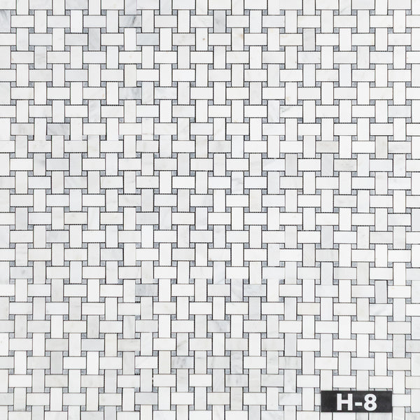 Pearl White Basketweave with 3/8" Pacific Gray Dot Mosaic Honed