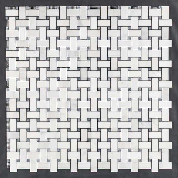 Pearl White Basketweave with 3/8" Pacific Gray Dot Mosaic Honed