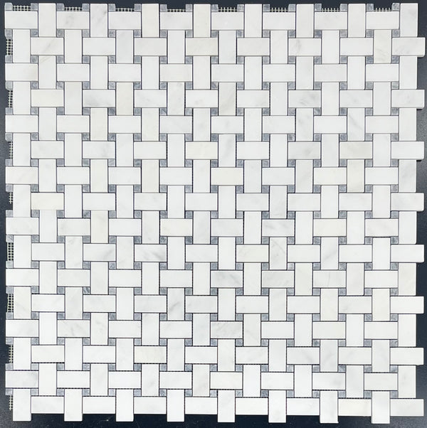 Pearl White Basketweave with 3/8" Pacific Gray Dot Mosaic Honed