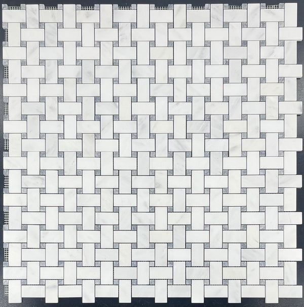 Pearl White Basketweave with 3/8" Pacific Gray Dot Mosaic Honed