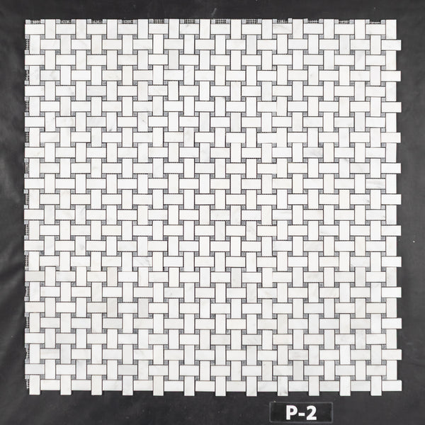 Pearl White Basketweave with 3/8" Pacific Gray Dot Mosaic Polished - Elon Tile & Stone