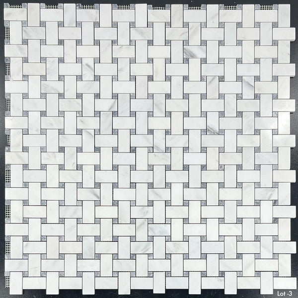 Pearl White Basketweave with 3/8" Pacific Gray Dot Mosaic Polished