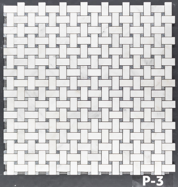 Pearl White Basketweave with 3/8" Pacific Gray Dot Mosaic Polished