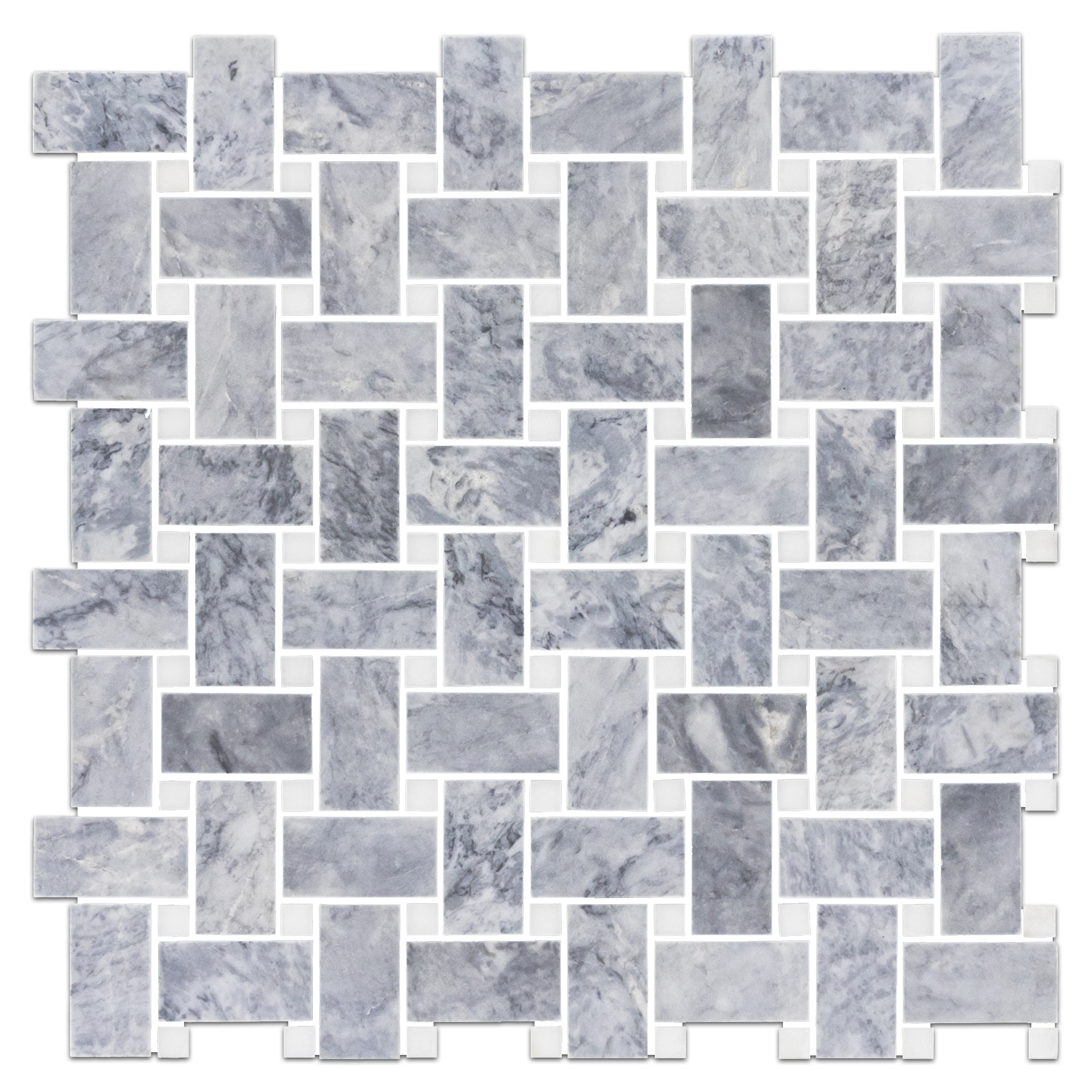 Pacific Gray Basketweave with 3/8" White Absolute Dot Mosaic Honed